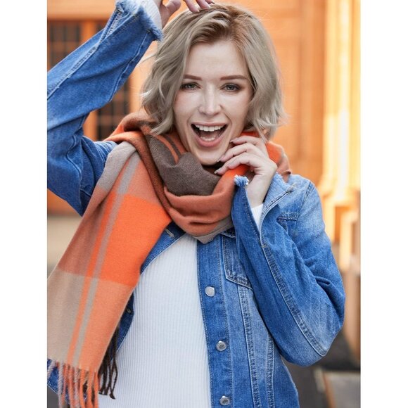 Women Orange & Gray Winter Warm Shawl Wraps Tartan Blanket Oversized Scarves - Picture 4 of 6